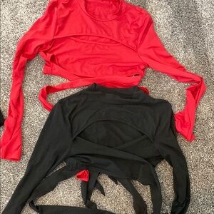 SHEIN Red and Black Long Sleeve Crop Top with Tie Front